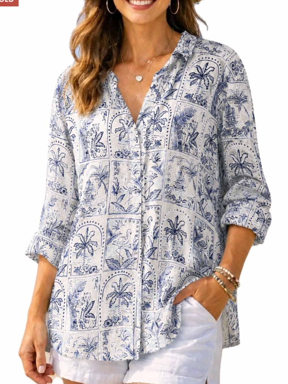 C&C California Blue & White Palm-Panel Button-Down Linen Shirt